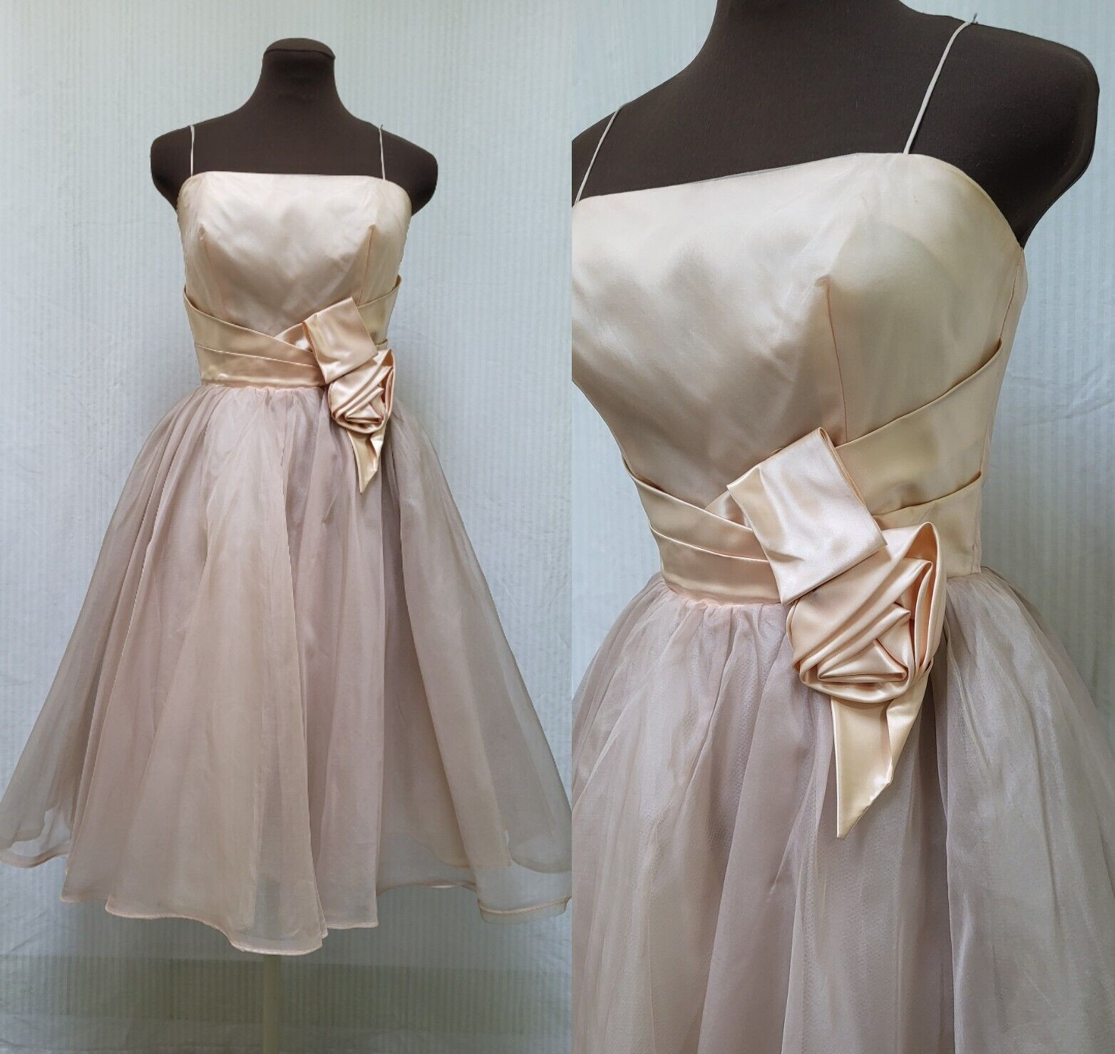 Vintage 1950s Peach Satin Dusty Rose Organza Tulle Party DRESS Size S G2U