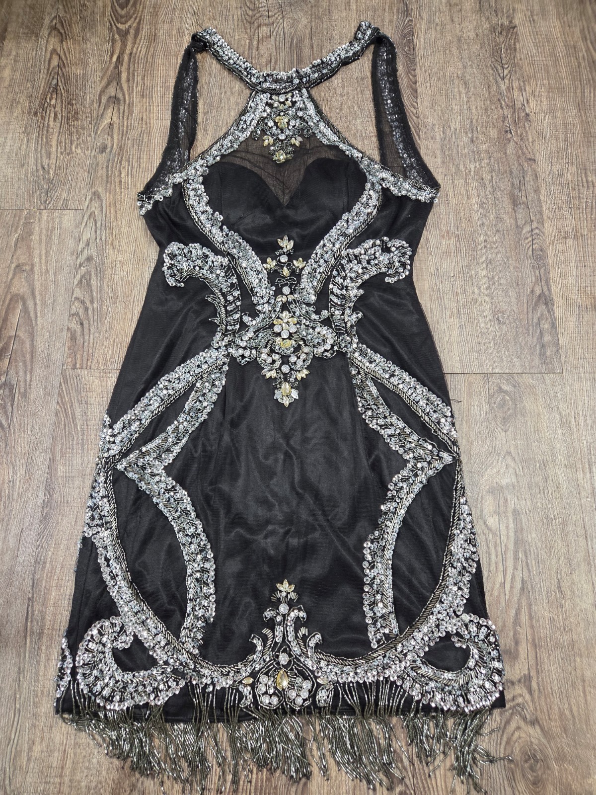 Claudine Beaded Fringed Halter Neck Formal Cocktail Black Women’s Size 8 Dress