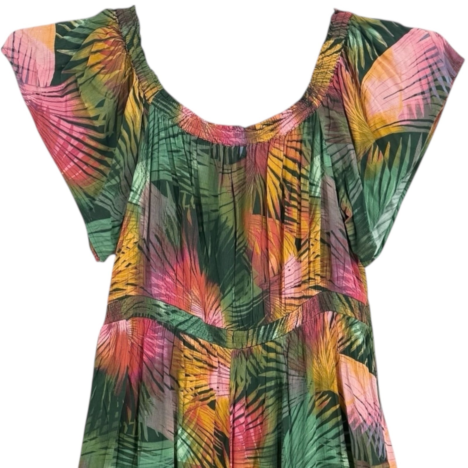 Terra & Sky Summer Tropical Green Pink Maxi Dress 2X 20W-22W Off Shoulder NWT