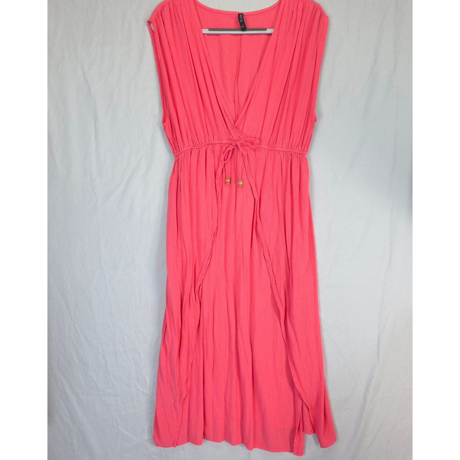 Boho Me Coral Pink Maxi Dress L Flowy Empire Waist Sleeveless Beach Resort Gauzy