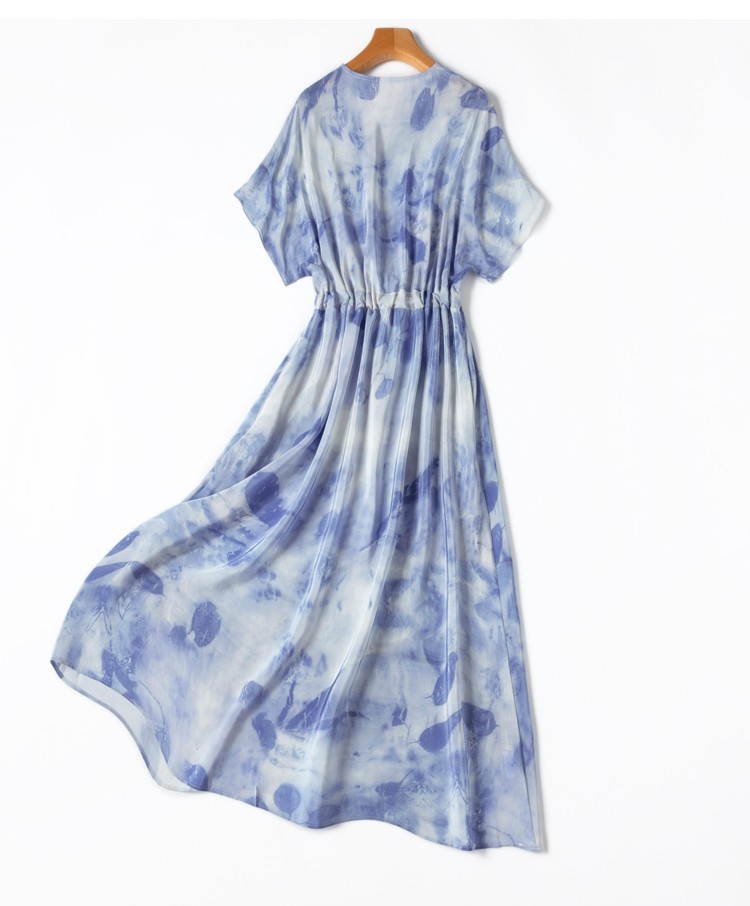 100% Mulbery Silk Light Blue Printed Short Sleeve Women A-Line Midi Dress M1357