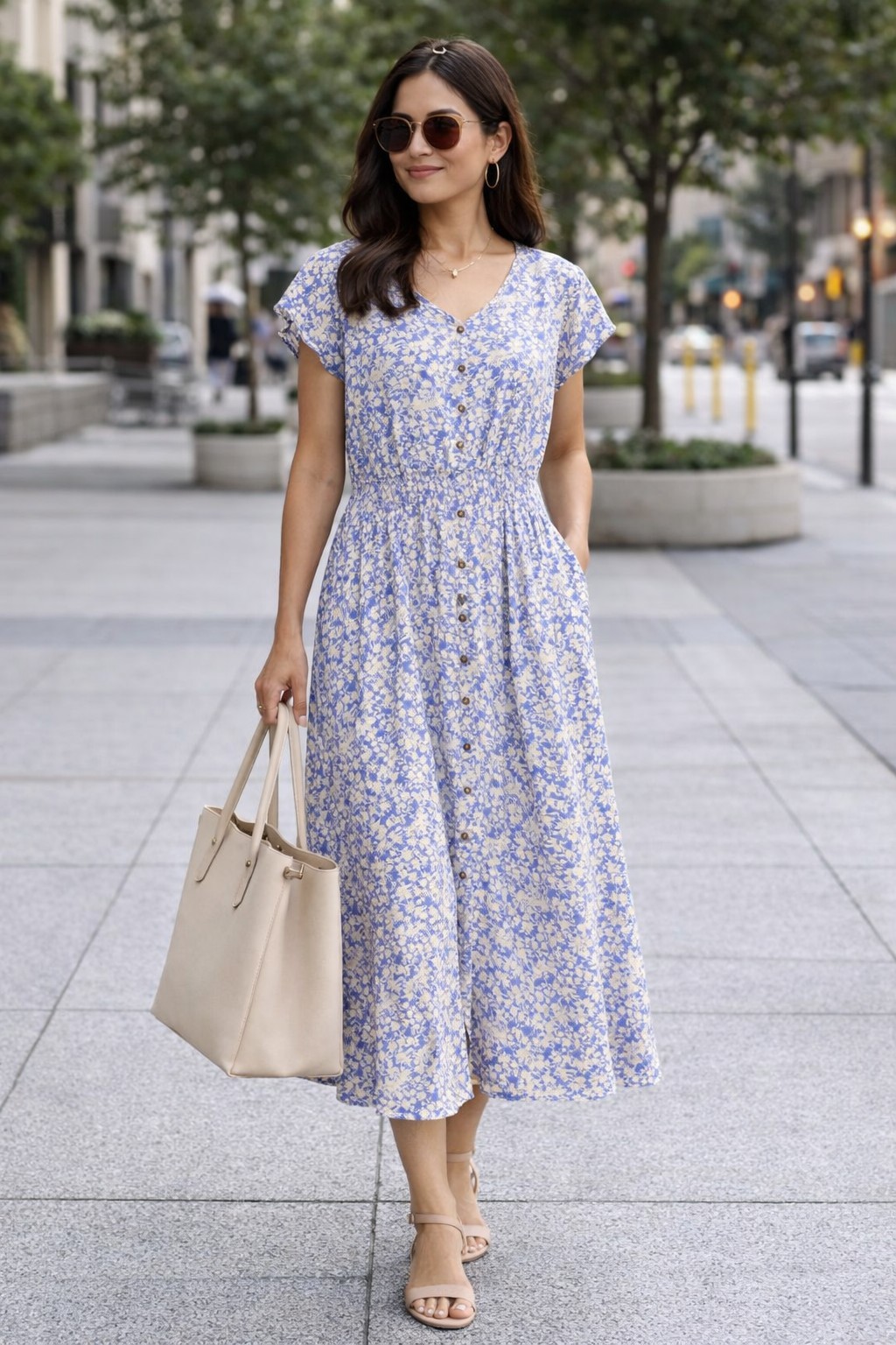 Indigo Rose Floral A-Line Midi Dress Cotton Button V-Neck Blue Cap Sleeve M