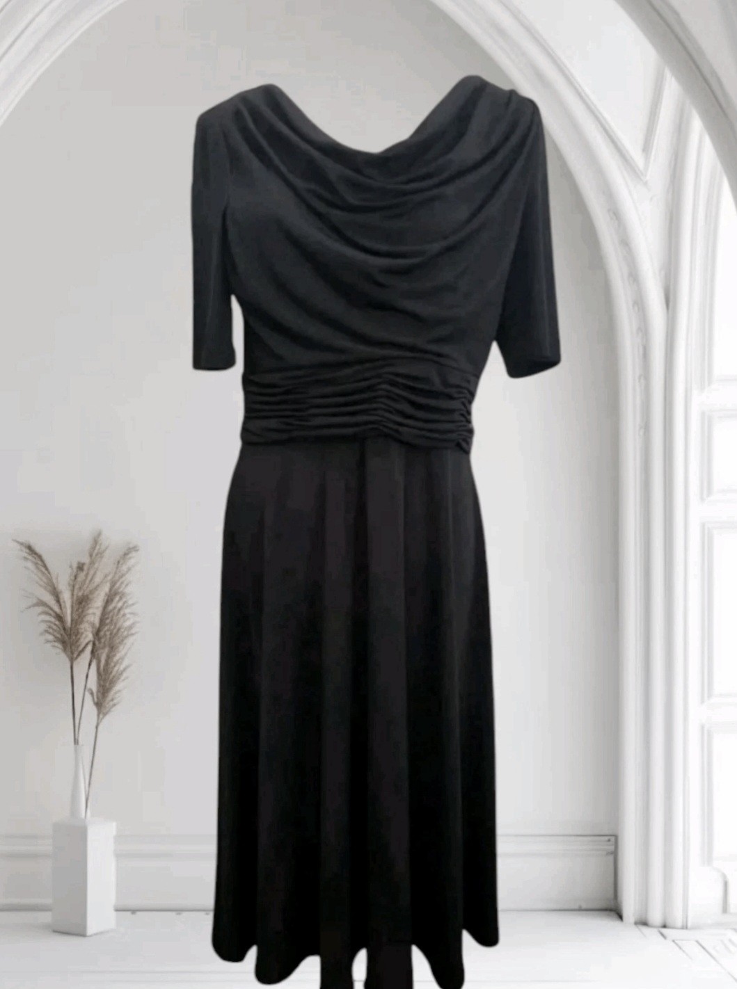Laura Jeffries Black Drape Neck Dress Size 10 Ruched Waist Short Sleeve