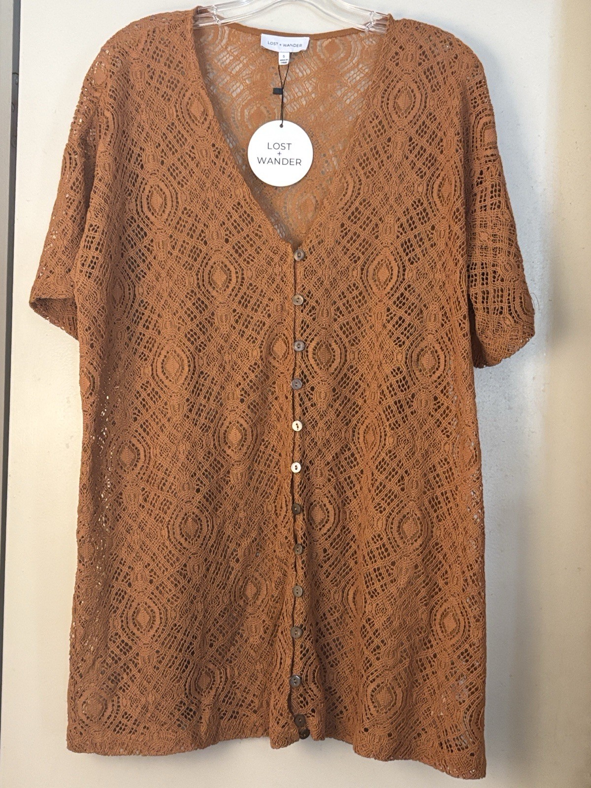 Lost + Wander Brown Lace Button Front Mini Dress S