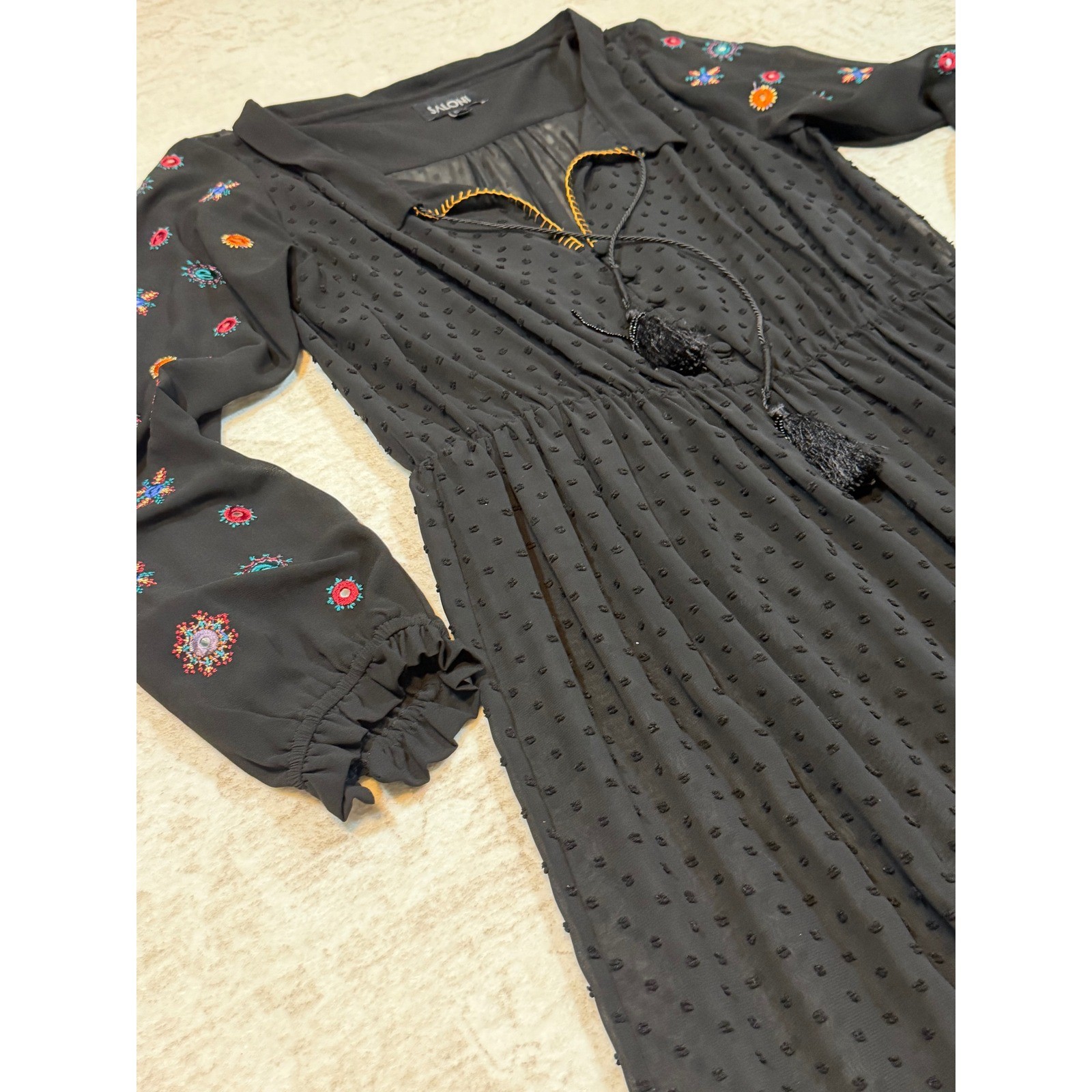 Saloni Black Embroidered Clip Dot Maxi Dress Tassel Tiered Boho Womens 6 UK 10