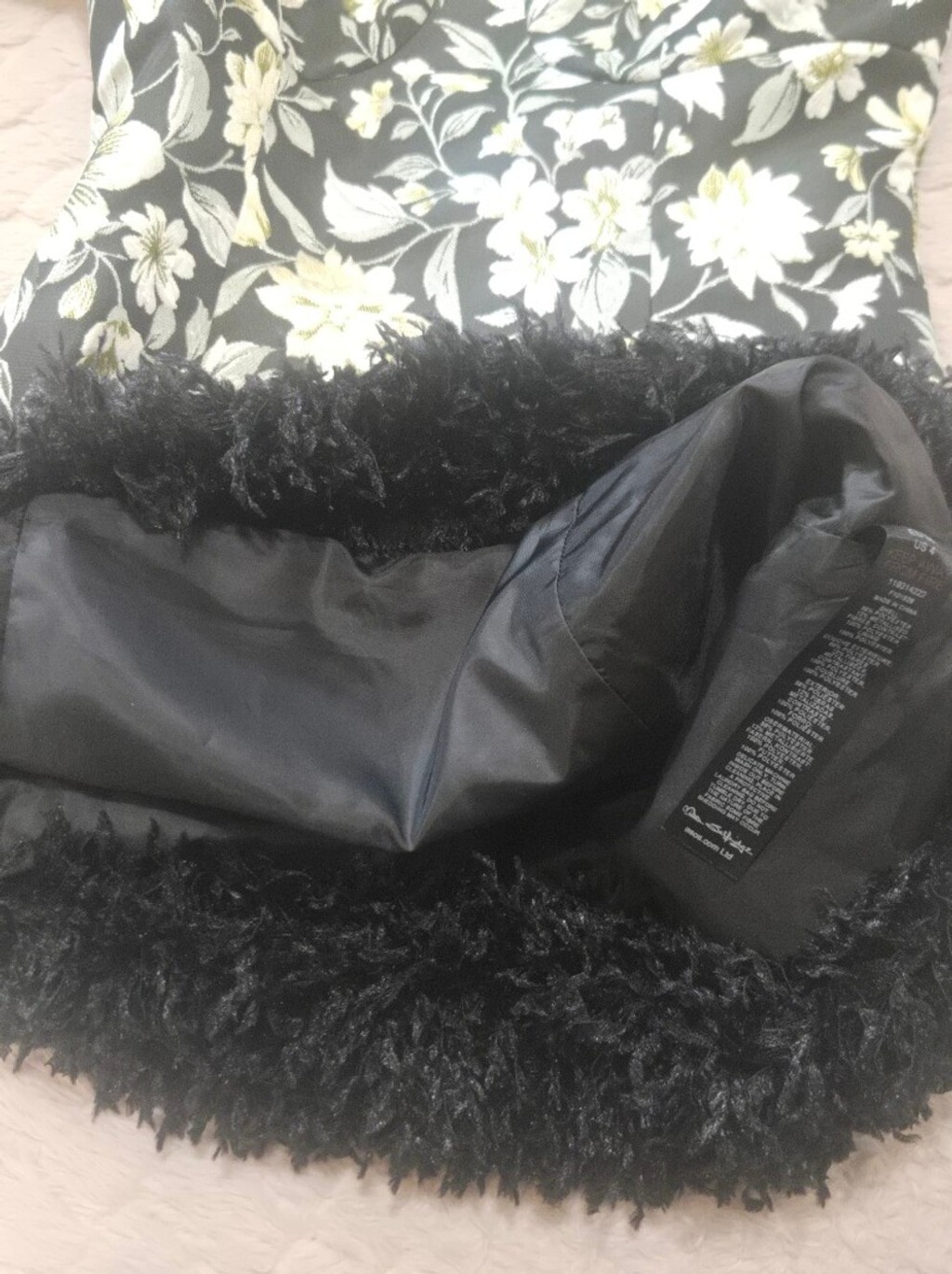Miss Selfridge Green & Black Floral Jacquard Black Faux-Fur Fringe Dress, Size 4