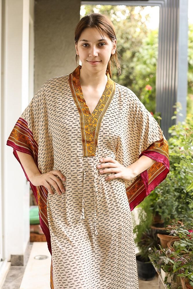 Silk Beige Kaftan / Handmade Flowy Maxi Dress / Resort Wear Outfit PS MFN1059