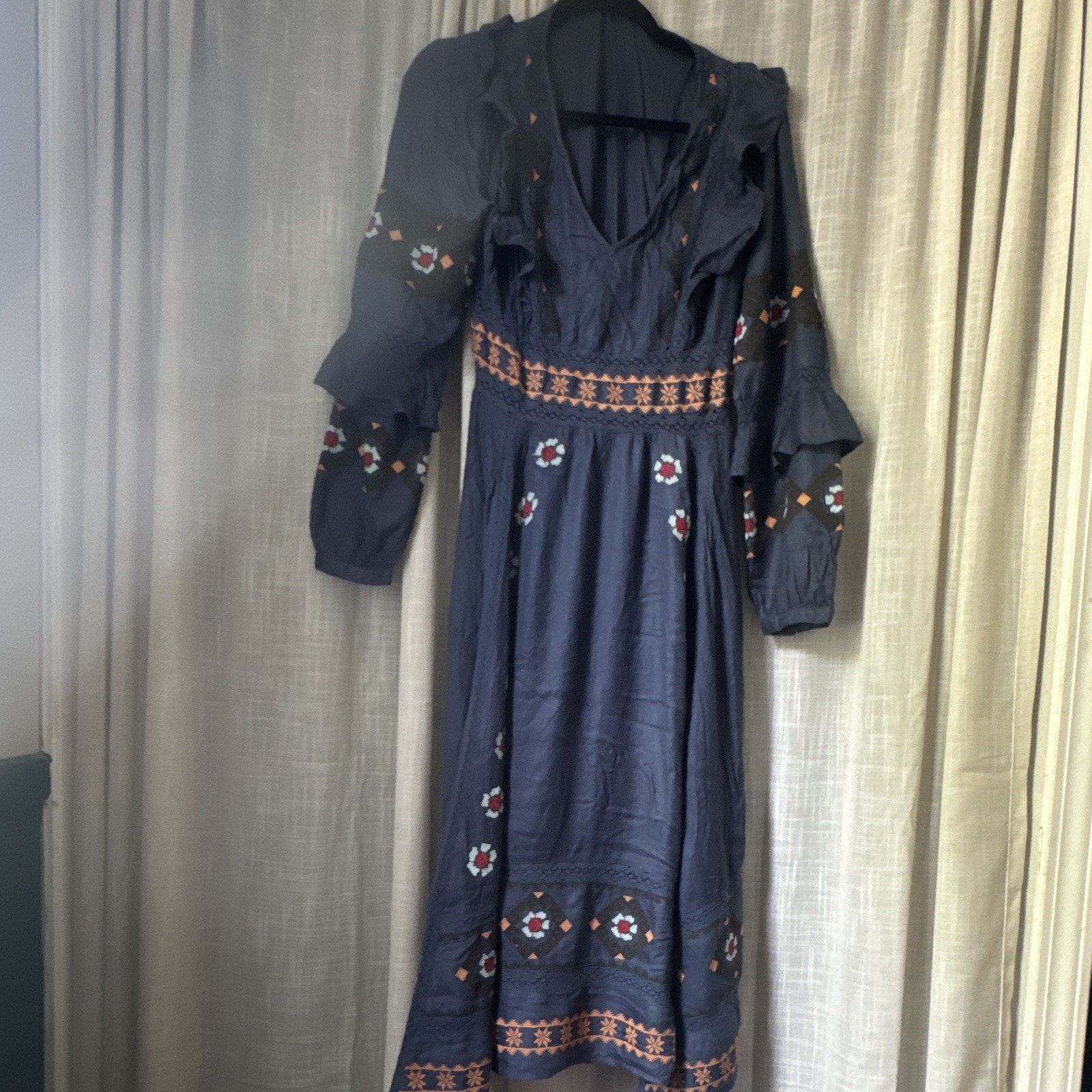 Love Sam Blue Embroidered Lace Ruffle V-Neck Long Sleeve Maxi Dress Women L
