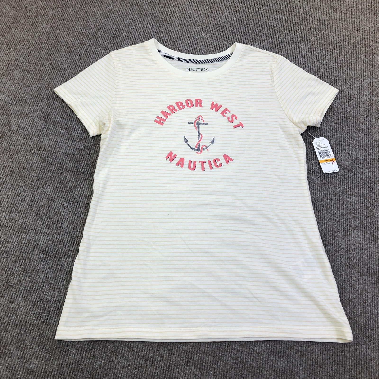 Nautica Dress Womens Small White Striped Nautical Anchor Graphic T-Shirt Summer