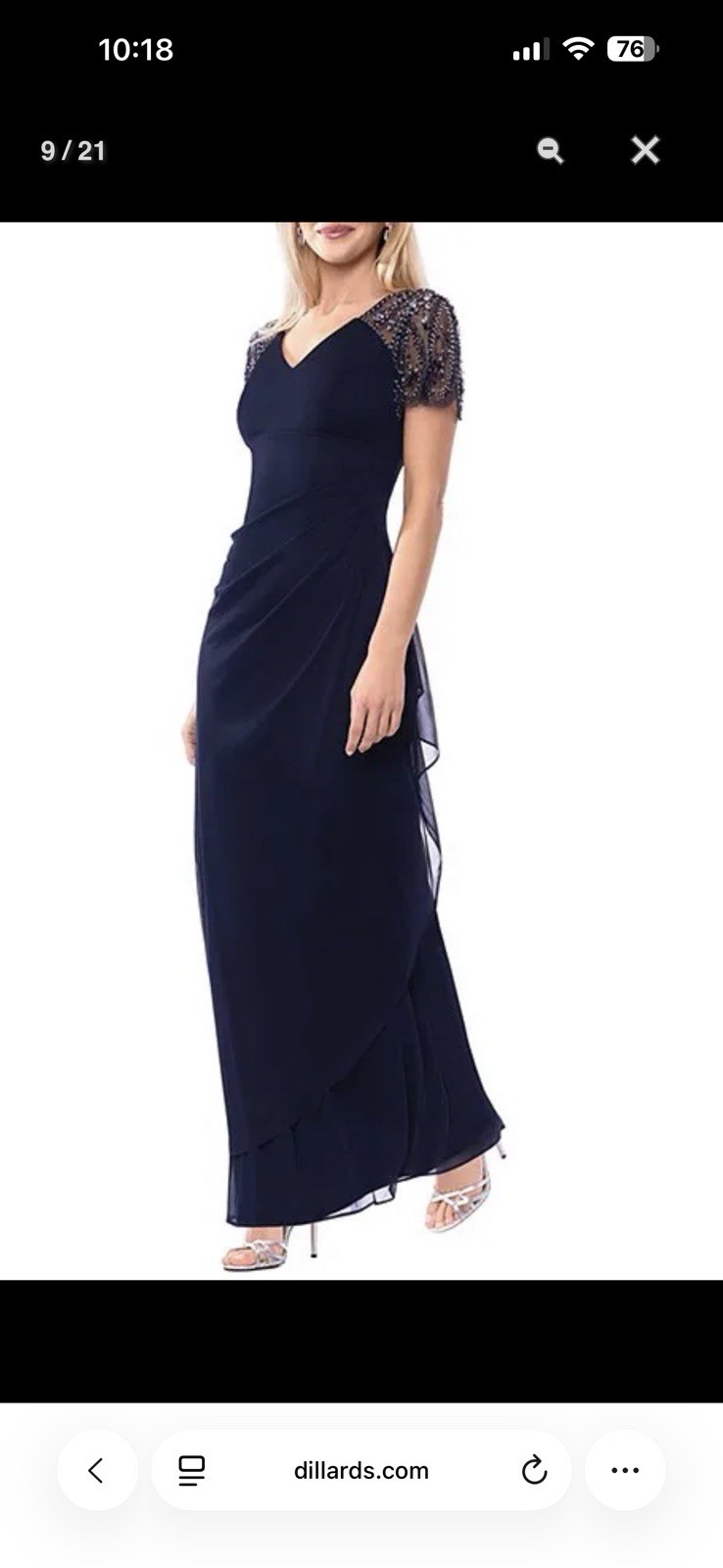 Xscape Navy V-Neck Beaded Draped Chiffon Flutter Sleeve Long Gown Size 14