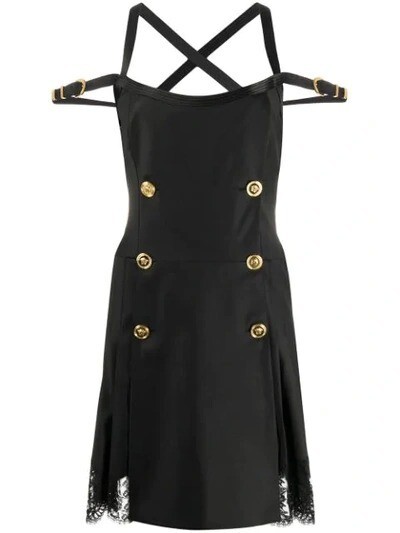 Versace Medusa Logo Button Black Lace Strappy LBD Cocktail Dress US 0 IT 36