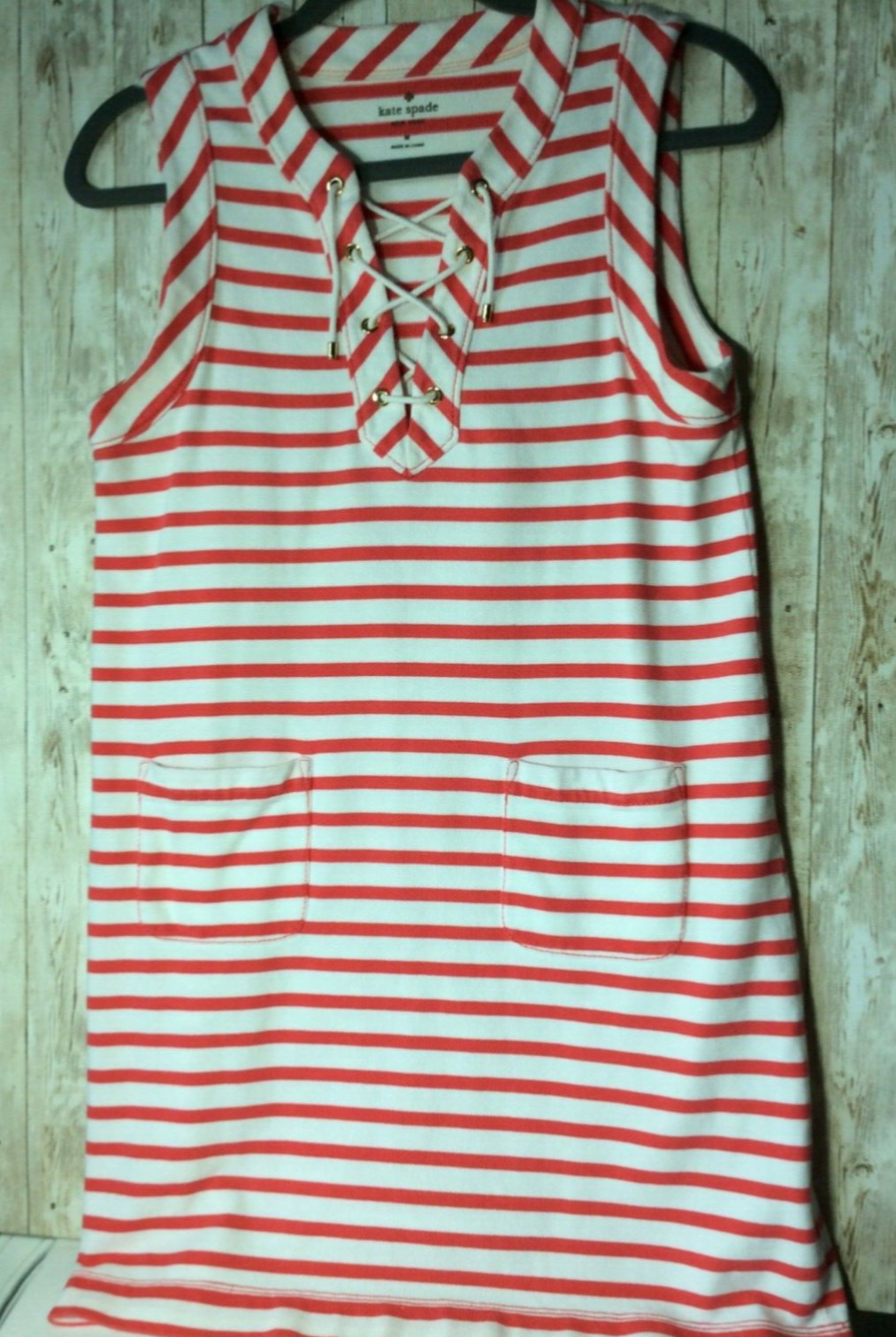 Kate Spade Women’s M Jersey Pink and White Striped Laced up Dress with Pockets