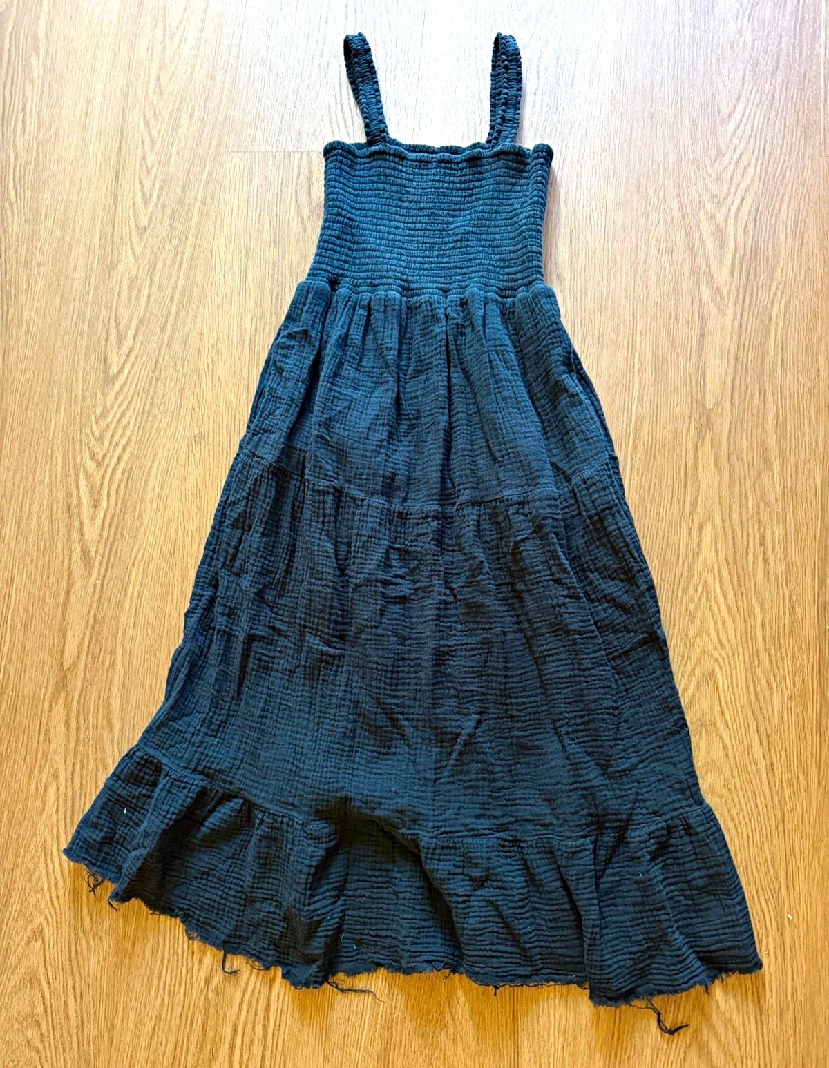 Marine Layer Black Smocked Square Neck Strappy Sleeveless Ruffle Midi Sundress S