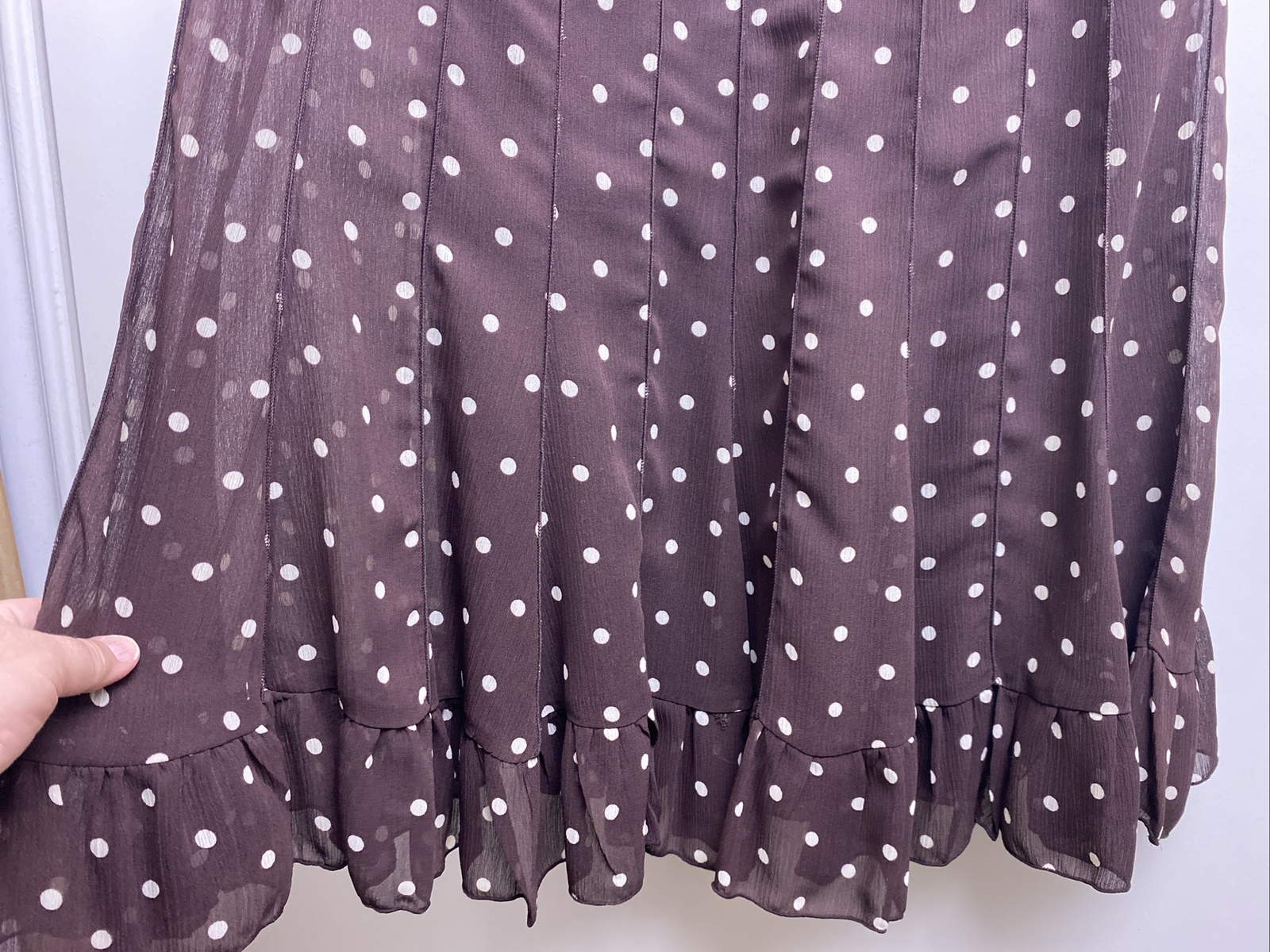 Brown White Polka Dot Sheer Lined Sleeveless Ruffle Dress Sz 12 Pretty Woman