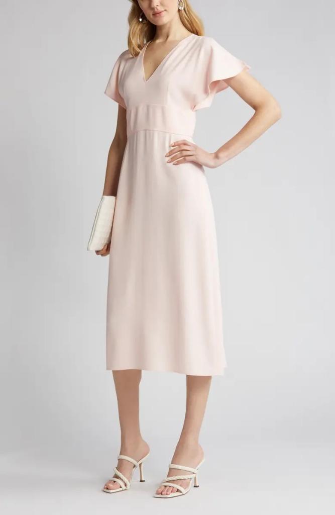 $595 – Boss Hugo Boss Dawinga Flutter Sleeve A-Line Dress in Pink Cream Size 6