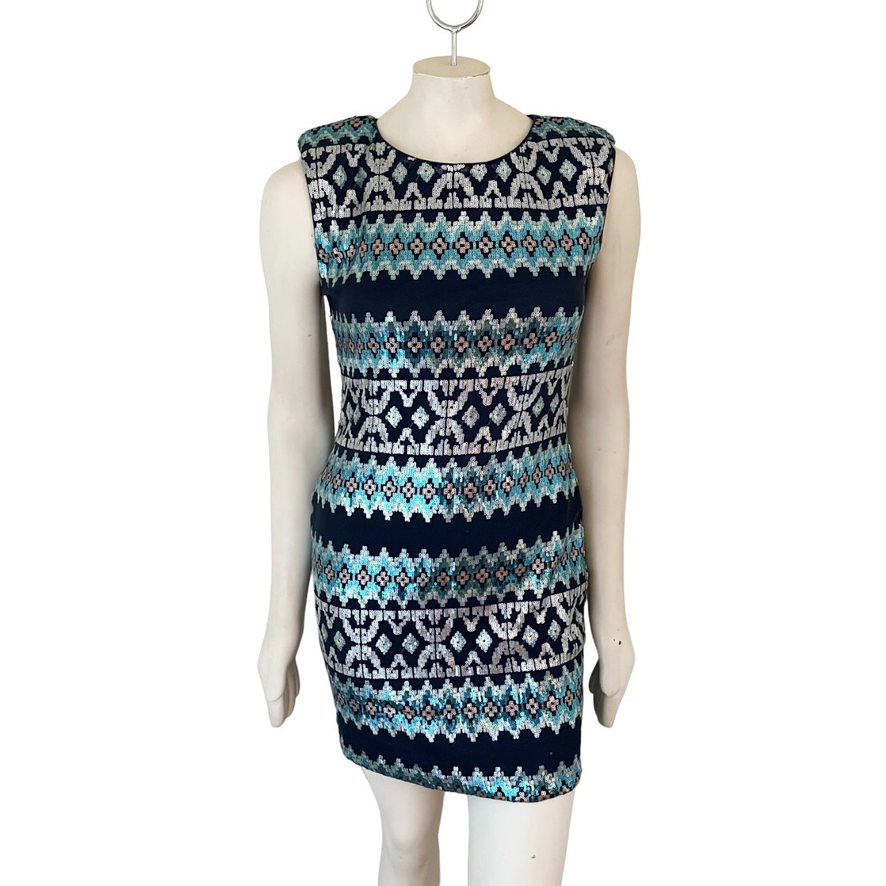 AS U WISH Geo Stripe Sequins Sheath Dress in Blue & Silver Prom Formal WOMEN’S 6