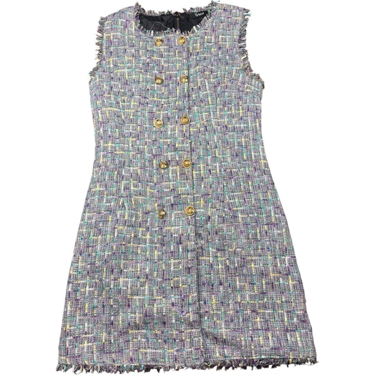 Trixxi Tweed Fringe Mini Dress Gold Button Bouclé