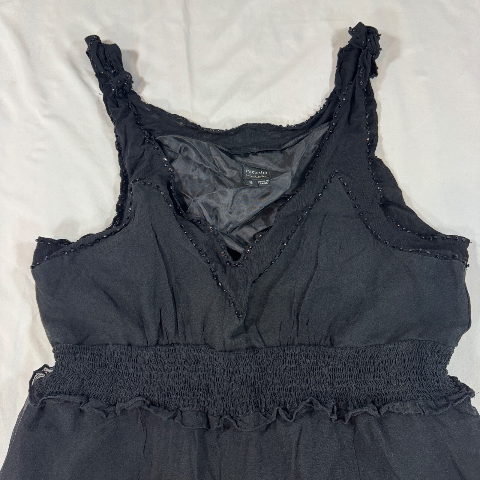 Nicole by Nicole Miller Black 100% Silk Beaded Smocked Empire Waist Dress Size 8