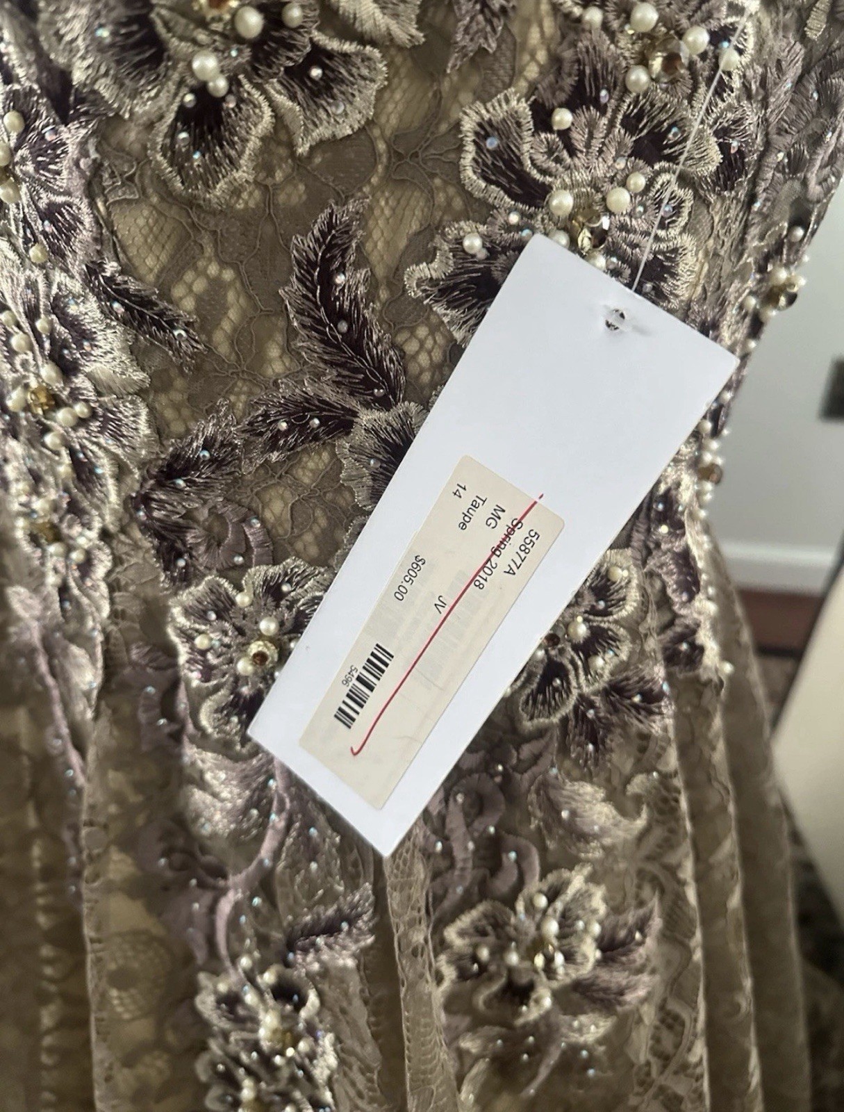 Jovani – Embellished Lace A – Line Evening Gown Taupe Size 14