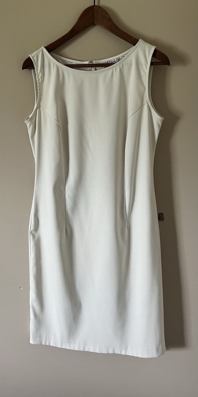 Allen B. Ivory Solid Scoop Neck Sleeveless Satin Sheath Knee Dress Zip 10