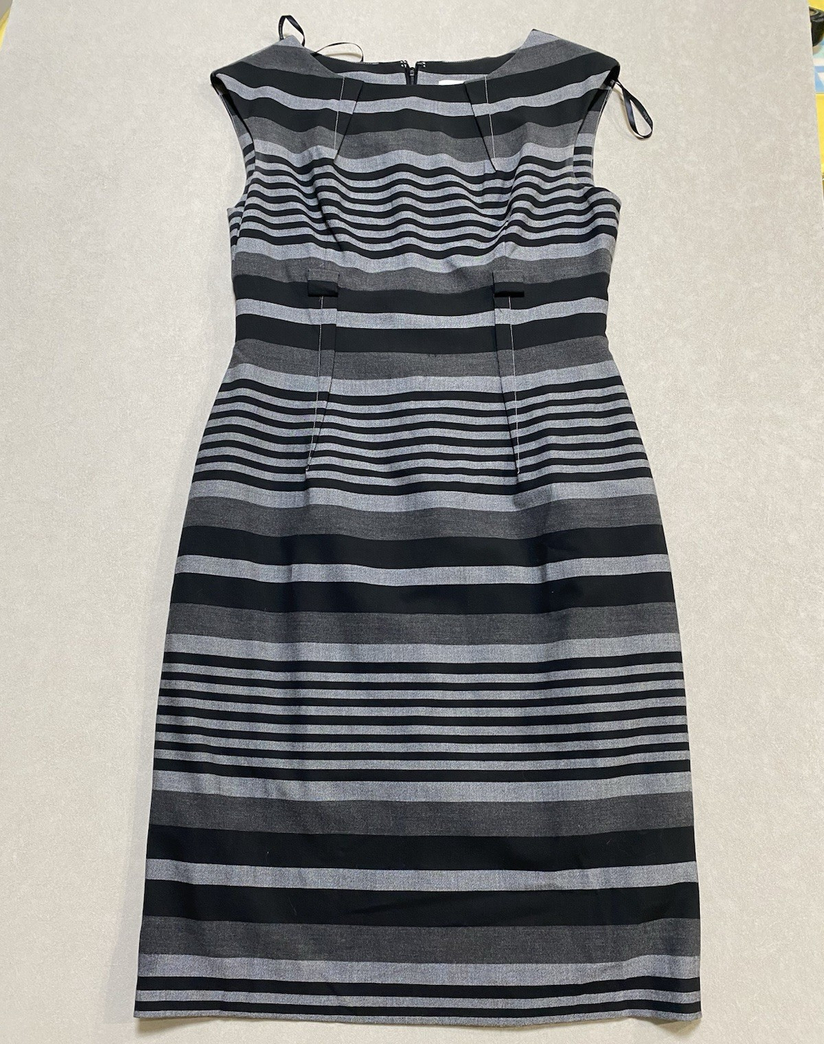 Beautiful Calvin Klein Women’s 6 Black/Gray Striped Sheath Boat Neck Knee Dress