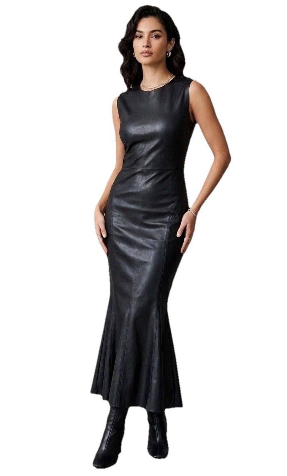 Norma Kamali Black Fishtail Midi Dress Women M Sleeveless Sheen Evening