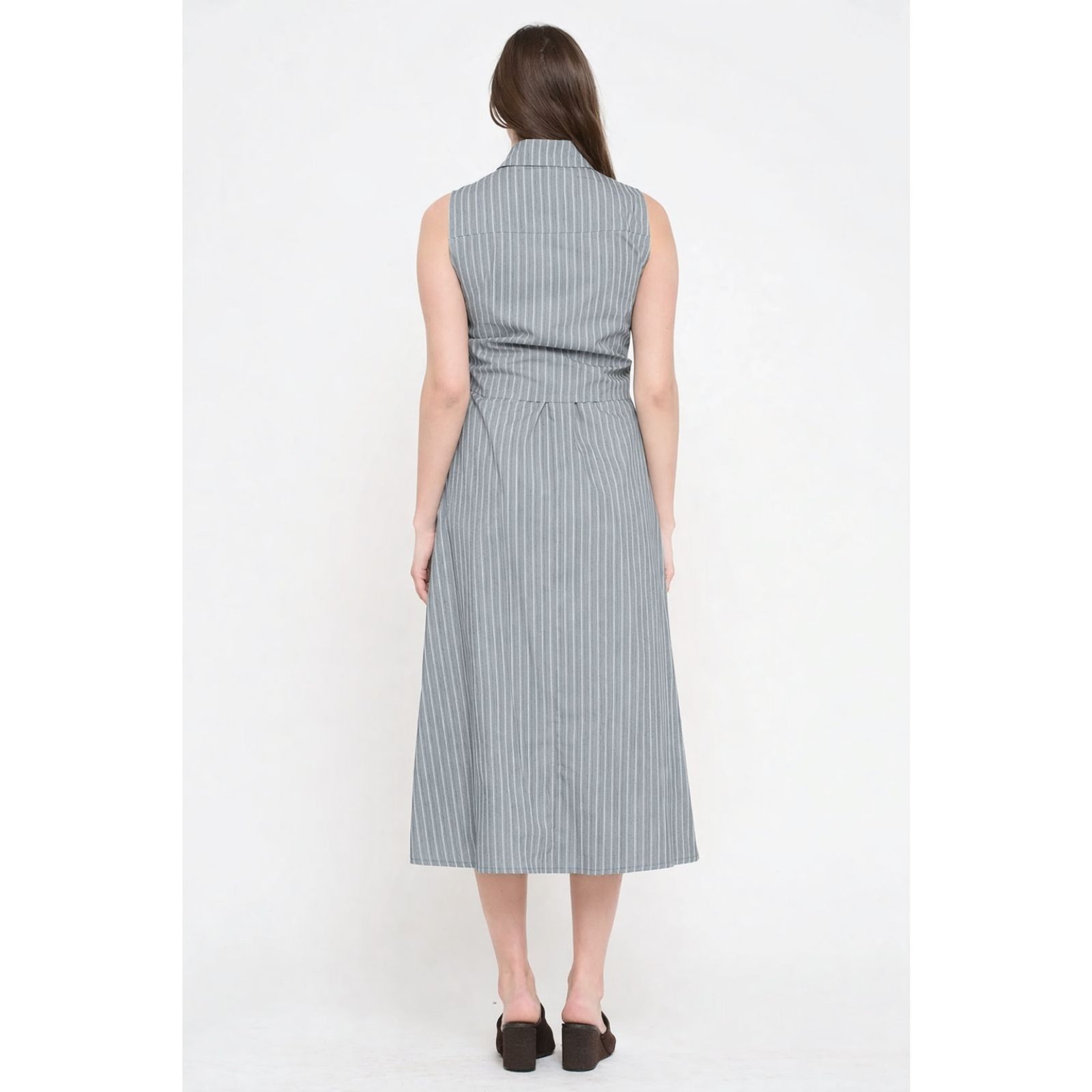 Gray and White Stripe Poplin Tie Shirt Dress