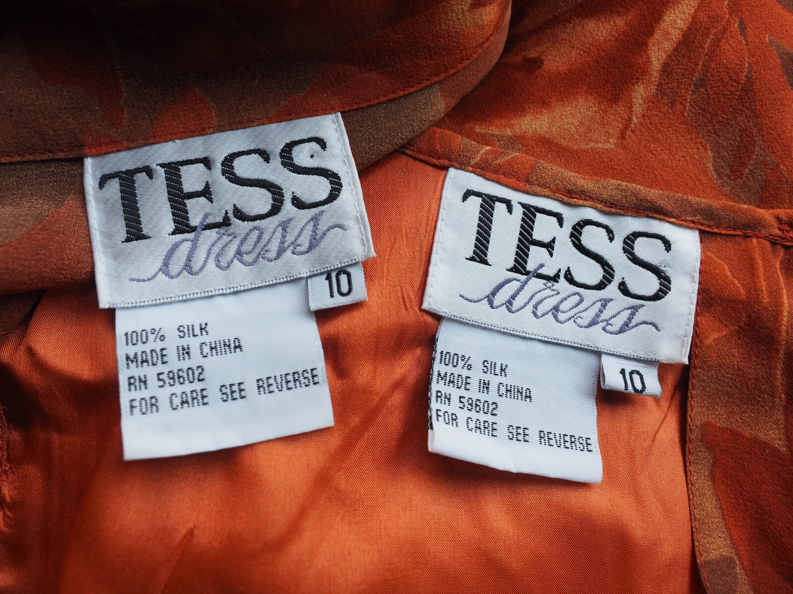 Tess Dress 100% Silk Two Piece Set Lined Chiffon Topper Floral Burnt Orange 10