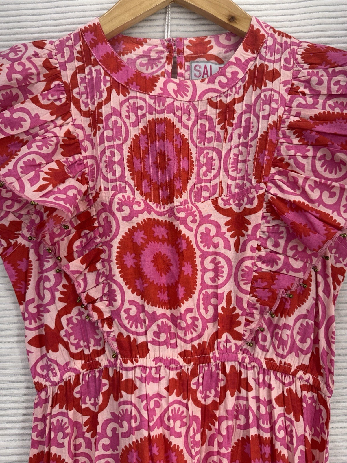 Sal Rosa Ruffle Flutter Sleeve Cotton Midi Vibrant Dress Pink Red Size 10