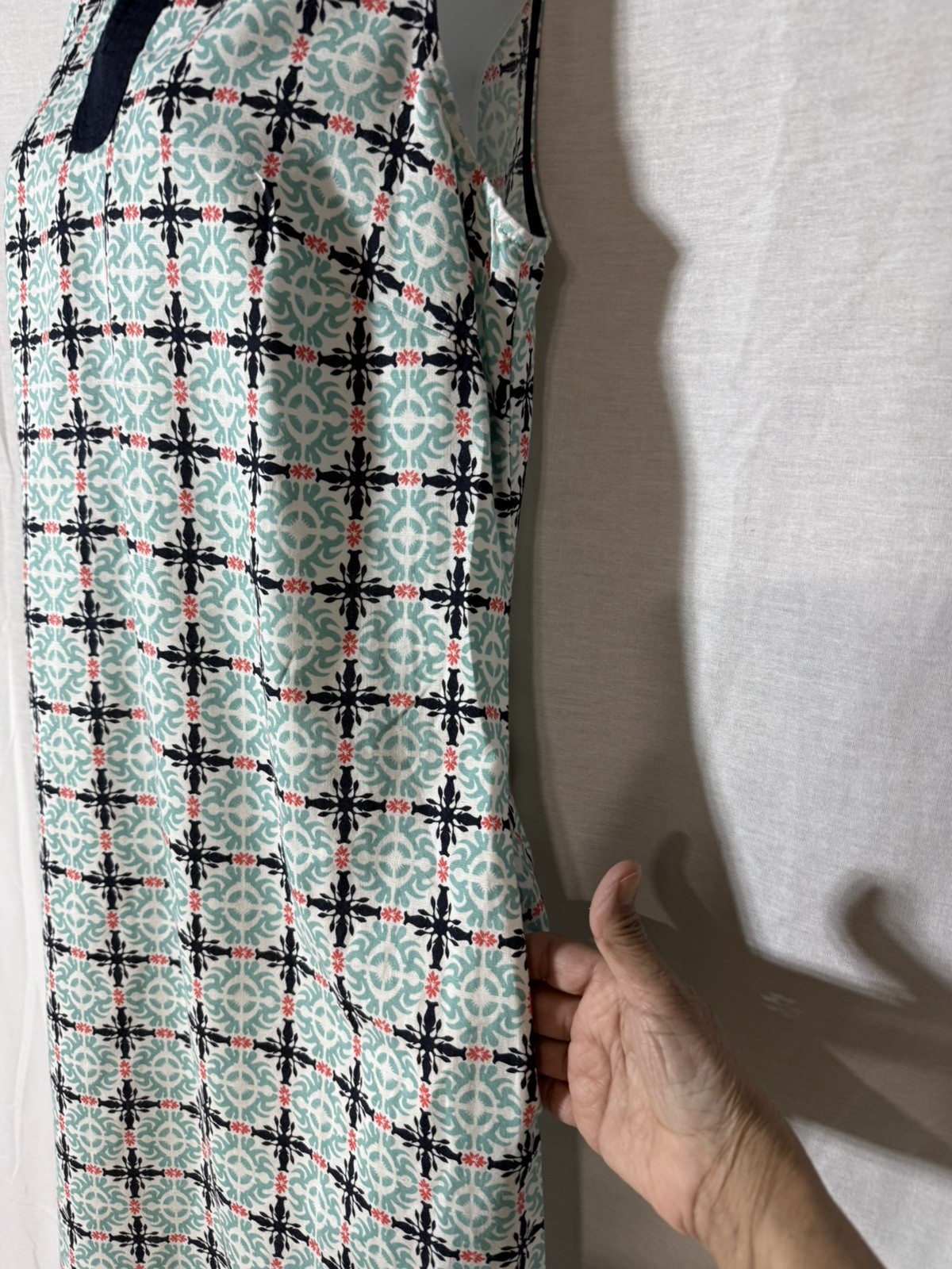 Talbots Linen Blend Sleeveless Shift Dress Geometric Teal Blue Womens Size 10