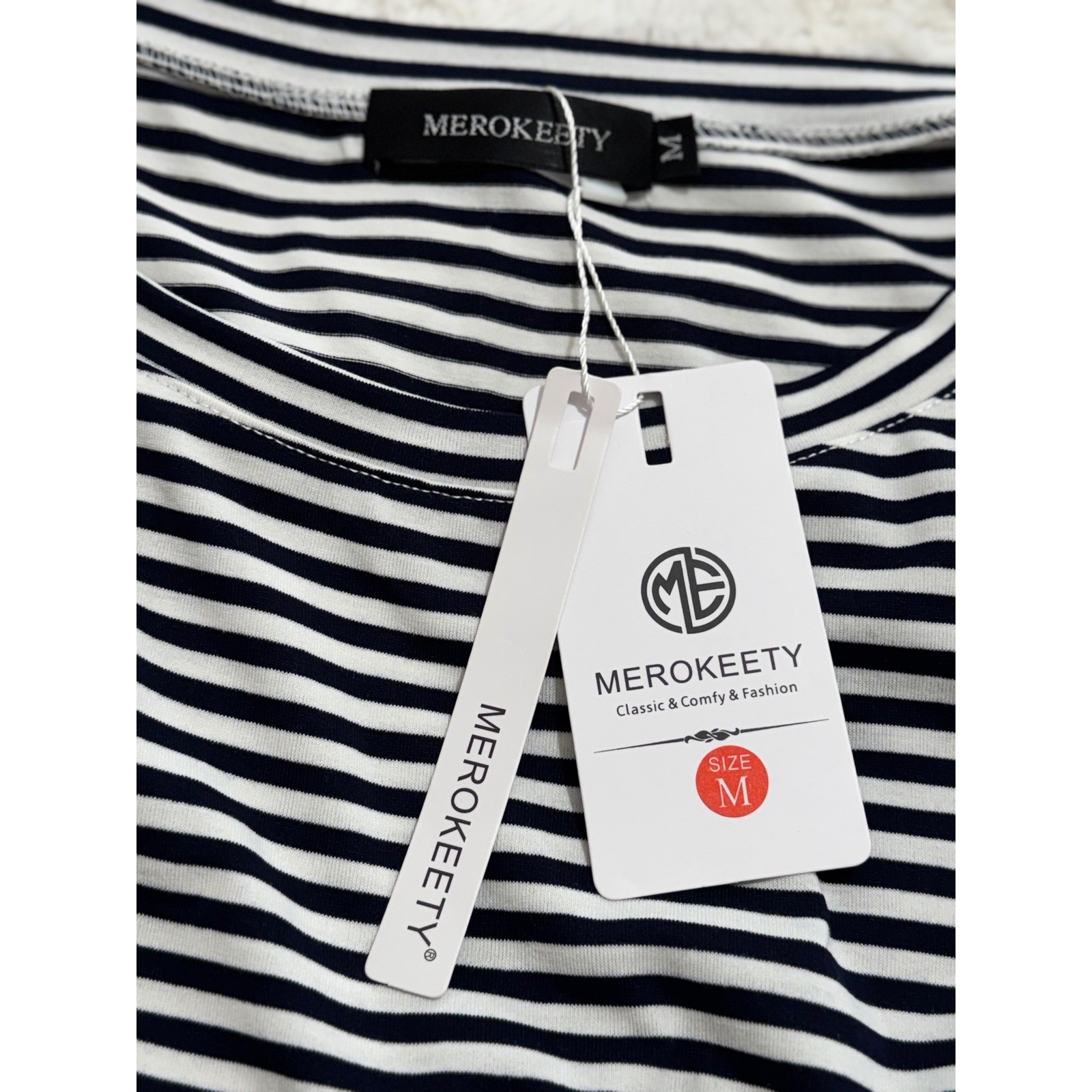 NWT MEROKEETY Navy White Stripe Tie Waist Knee Length Dress Short Sleeve Sz M