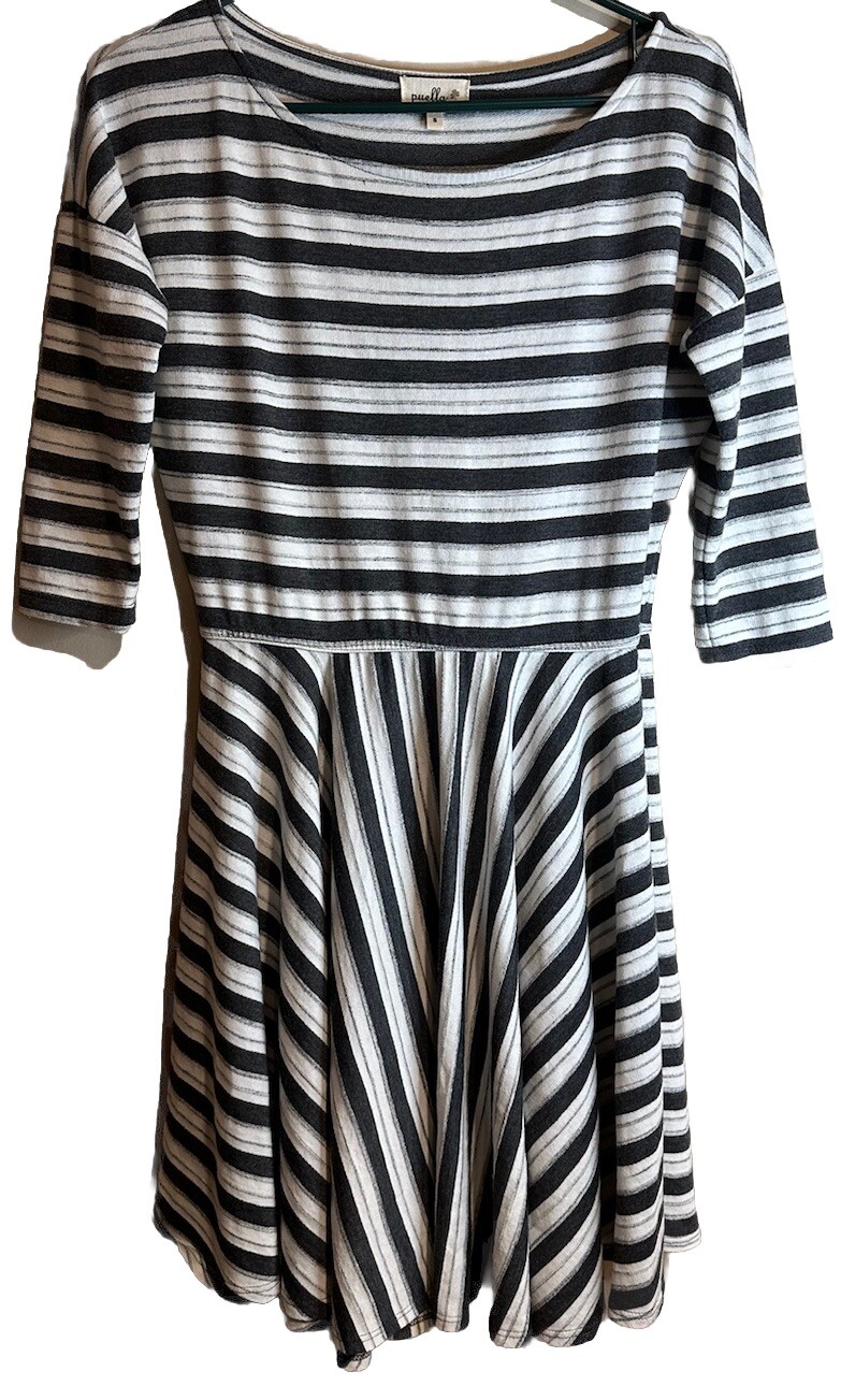 Puella Anthropologie Women’s Mitered Striped Waisted Dress Grays/White Small