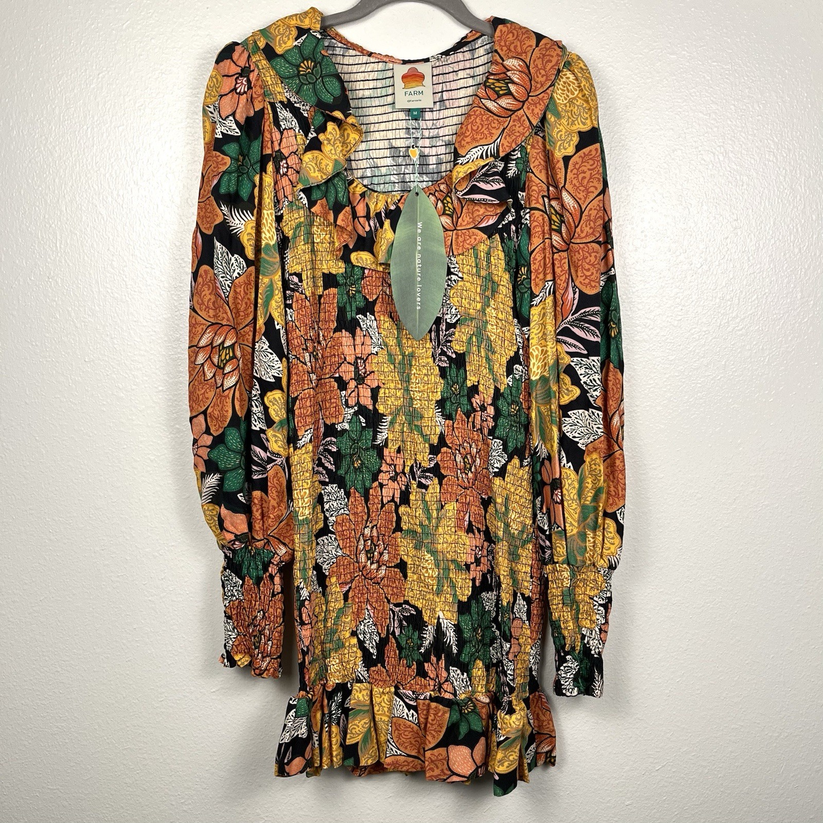 NWT Farm Rio Medium Multicolor Tropical Floral Smocked Long Sleeve Mini Dress