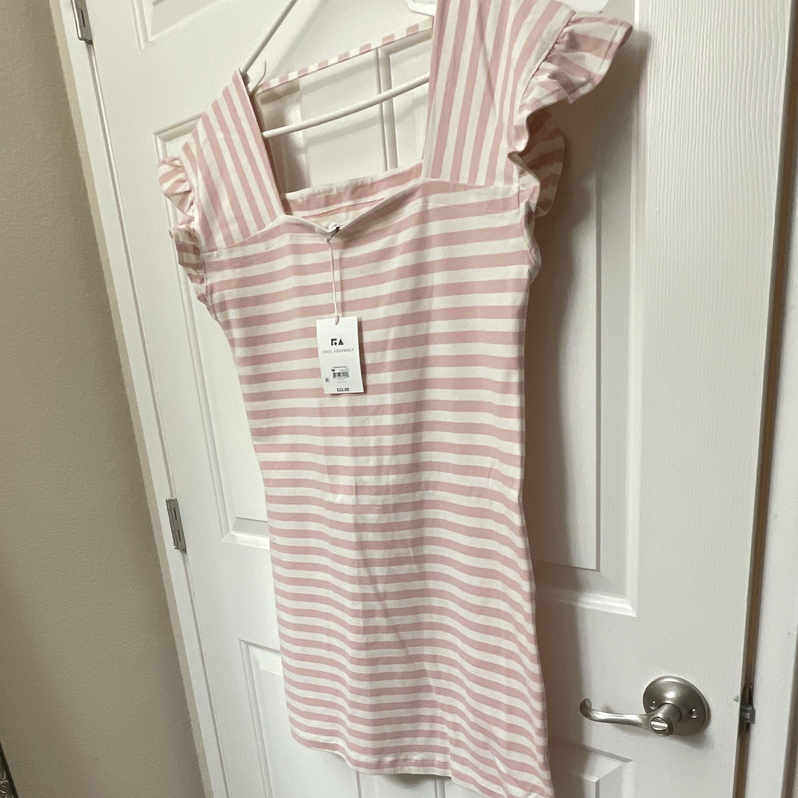 Free Assembly Pink/White Striped Square Neck Ruffle Shift Short Dress S