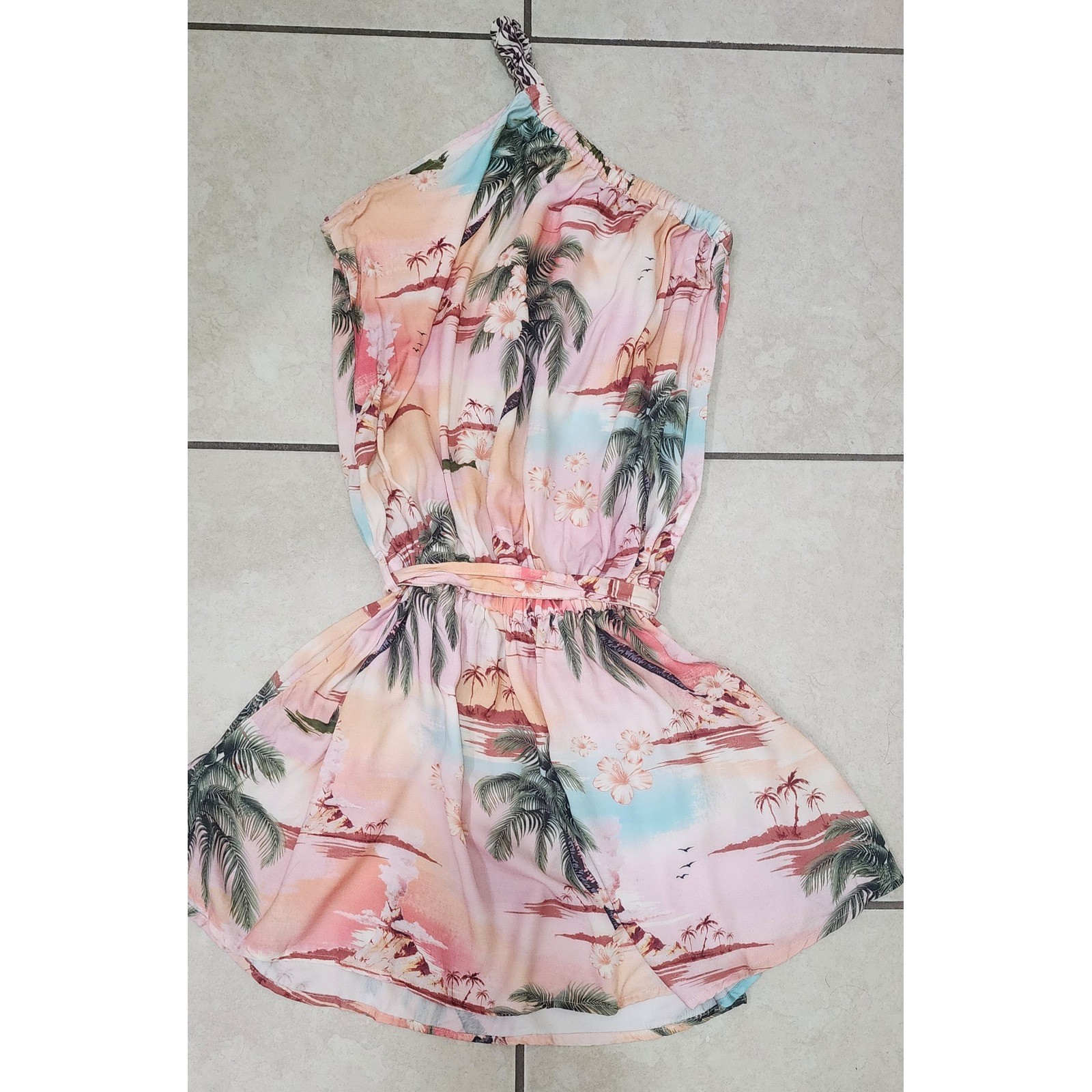 Agua Bendita Afrodita Luau 8046 One Shoulder Tropical Mini Dress Pink Medium NWT