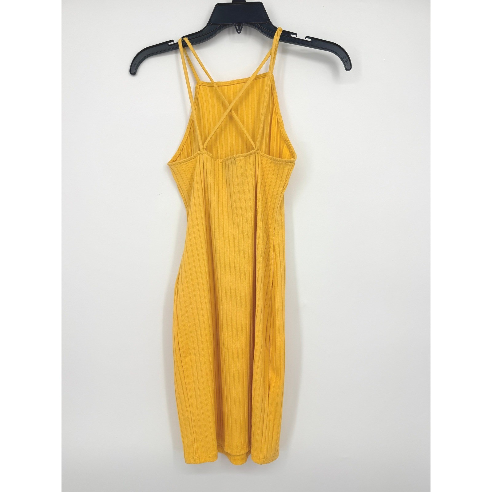Forever 21 Mustard Yellow Ribbed Strappy Cross Back Bodycon Mini Dress Small