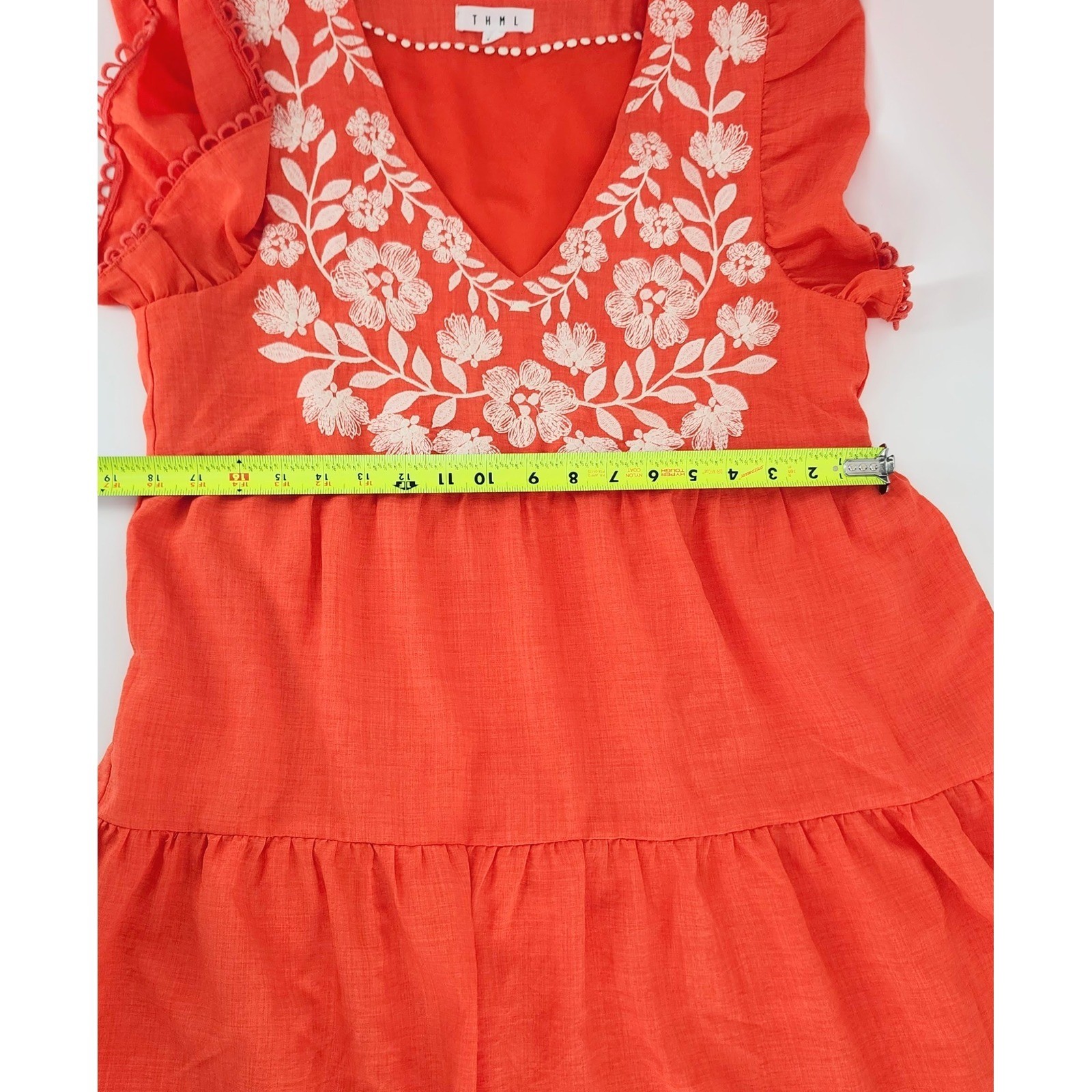 THML Coral Orange Floral Embroidered Tiered Mini Dress Flutter Sleeve Small