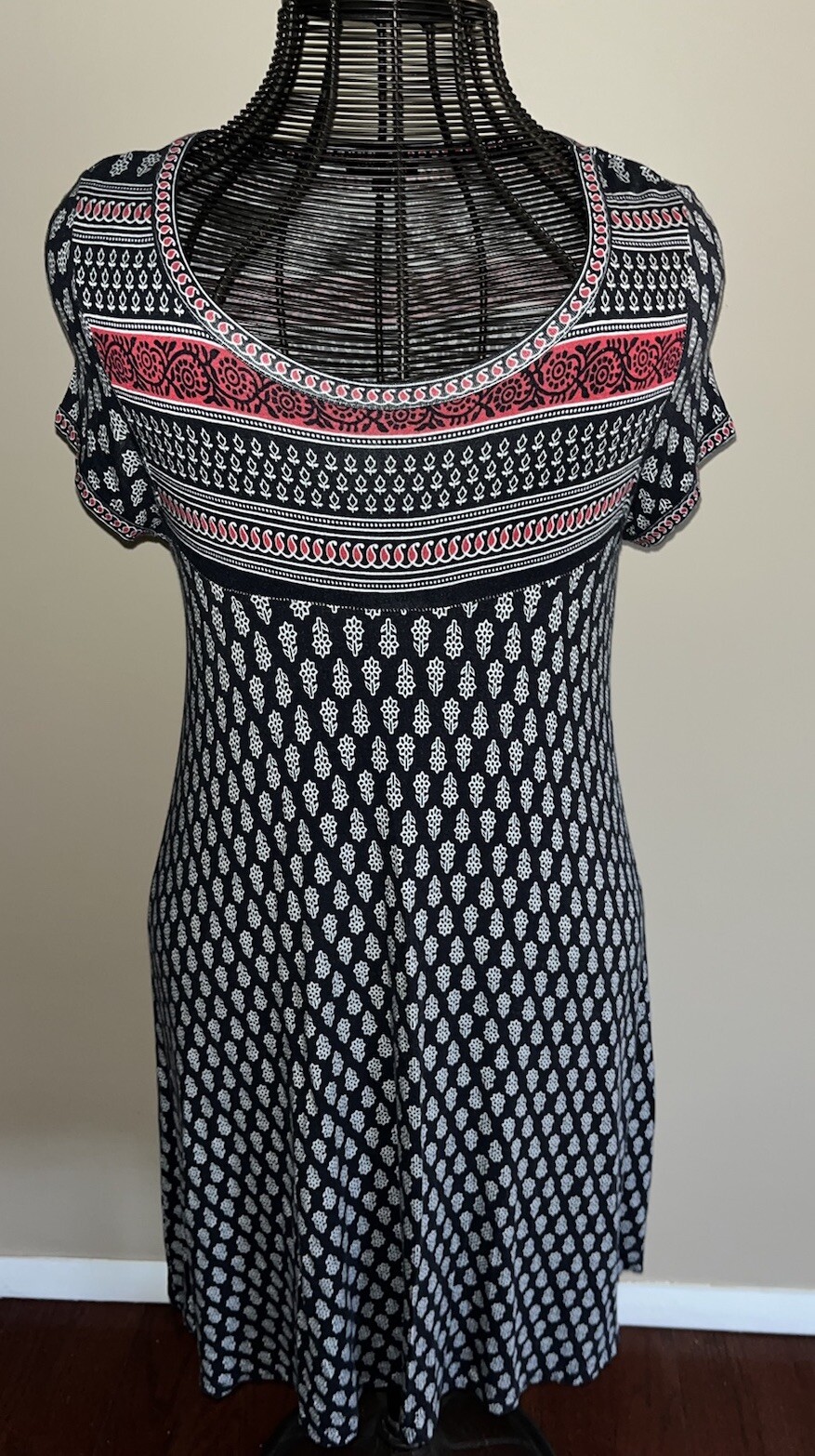 MAX EDITION Navy Blue Geometric / Floral Long Dress Short Sleeve Sz. SP