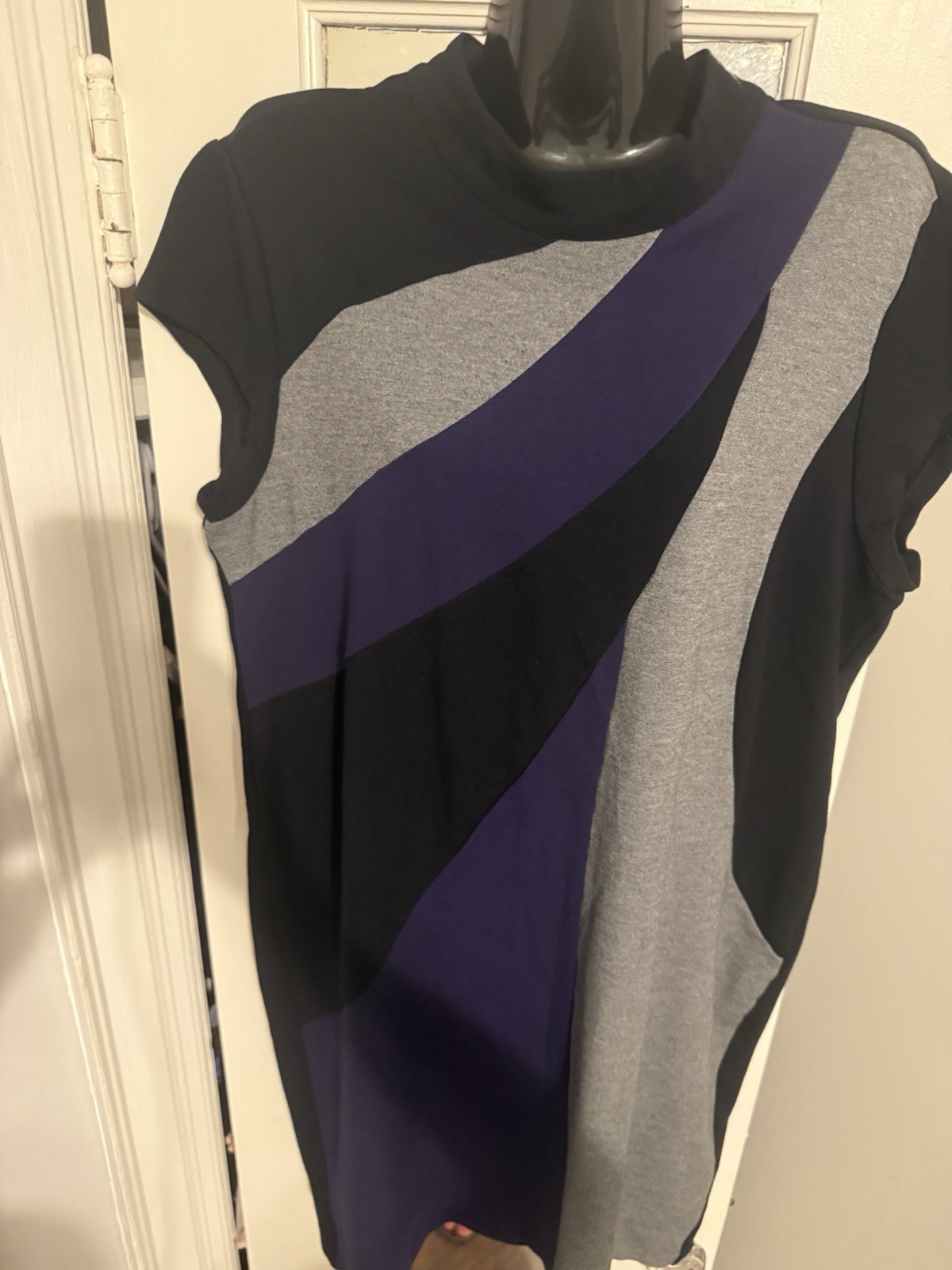 Chico’s Travelers Purple Gray Wavy Colorblock Mock Neck Sheath Dress 2.5 L/XL