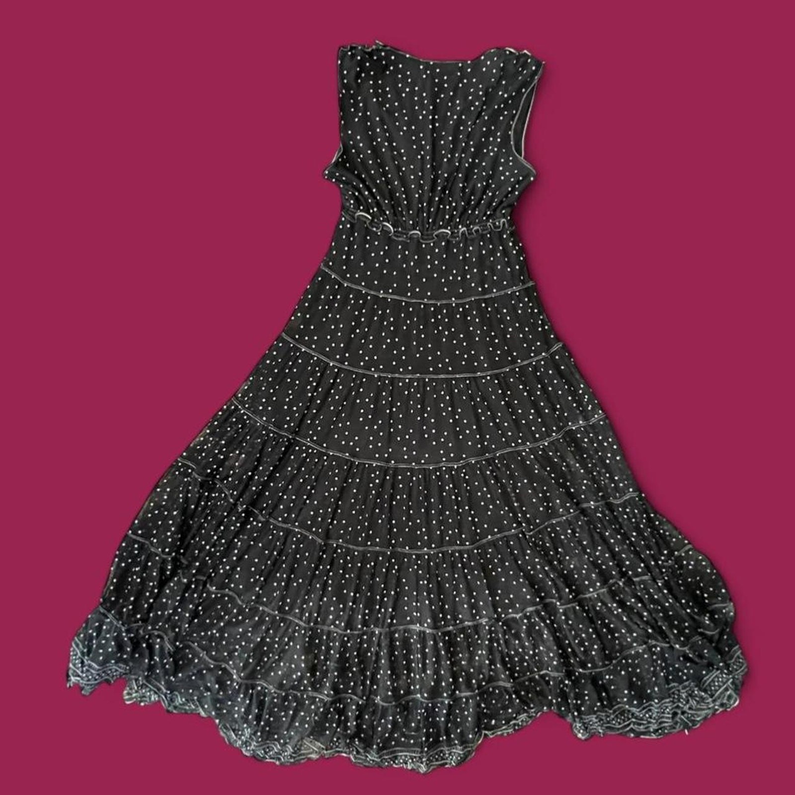 Max Studio Ankle Length Polka Dot Black Dress Size XS Ruffles Tiered Lined