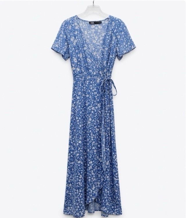 ZESICA Women’s Blue White Floral Hi-Low Wrap Dress L V-Neck Short Sleeve Tie