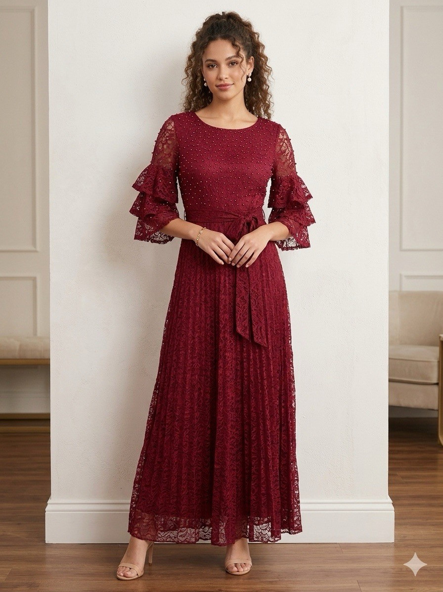 Women’s Red Lace Long A-Line Dress, Round Neck, Ruffle 3/4 Bell Sleeve,M/L
