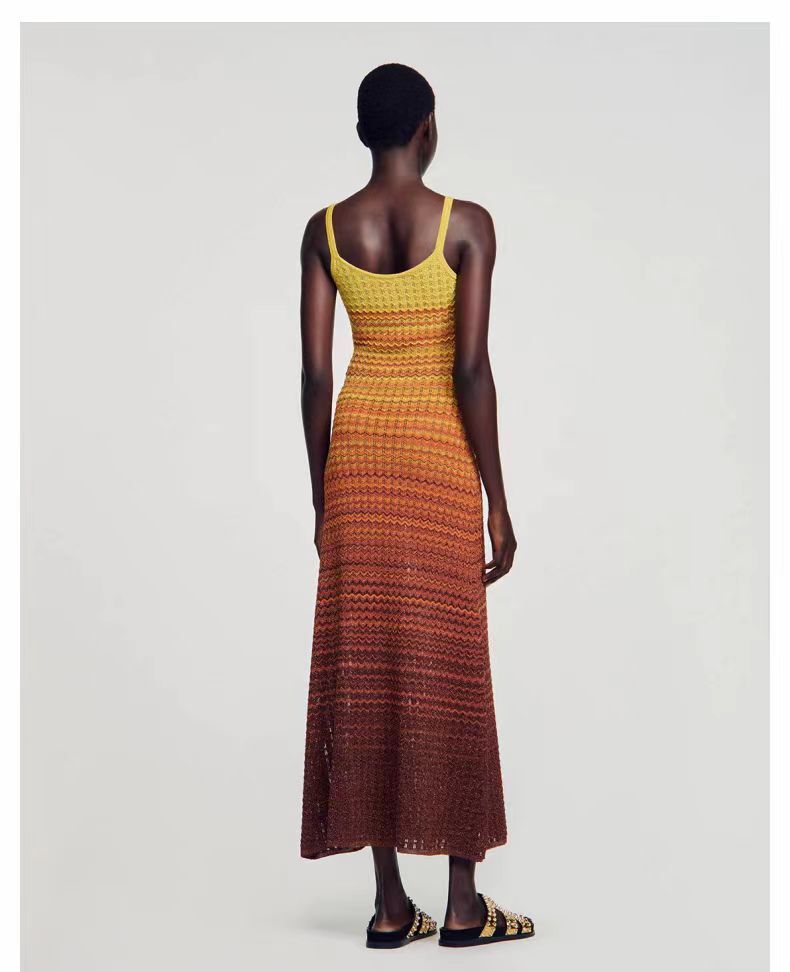 Sandro Knit Slip Dress Contrasting A-line Midi Dress for Women
