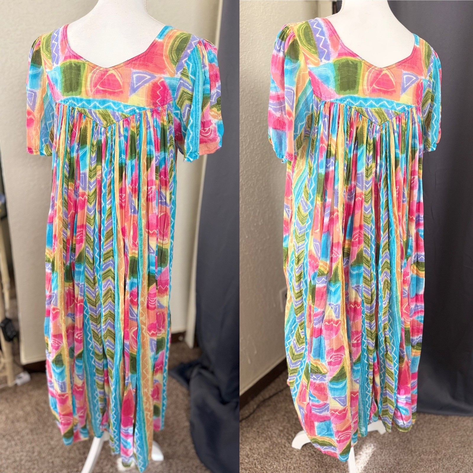 Sita Nepal Cotton Maxi Dress Small Multi Color Abstract Geometric Boho Crinkle