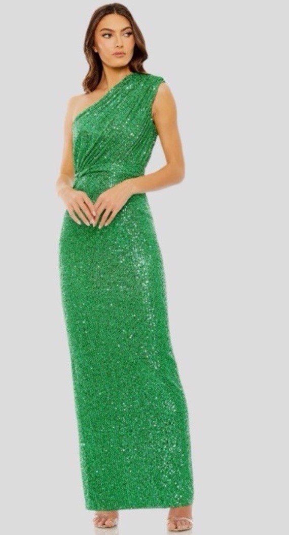 (20)Mac Duggal Gown Dress Womens Size 2 Green Sequin Ruched One Shoulder Size 8