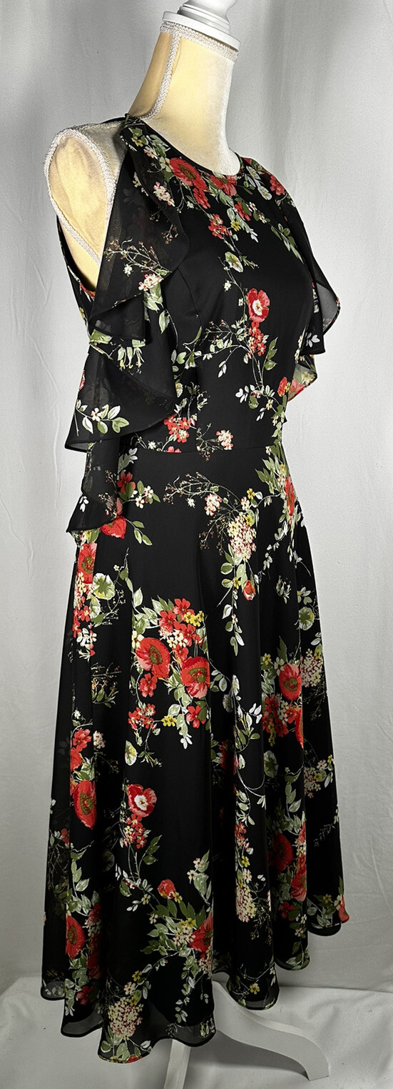 Alex Marie Dress Midi Flare A- Line 2 Sleeveless Modest Black Chiffon Ruffles NW