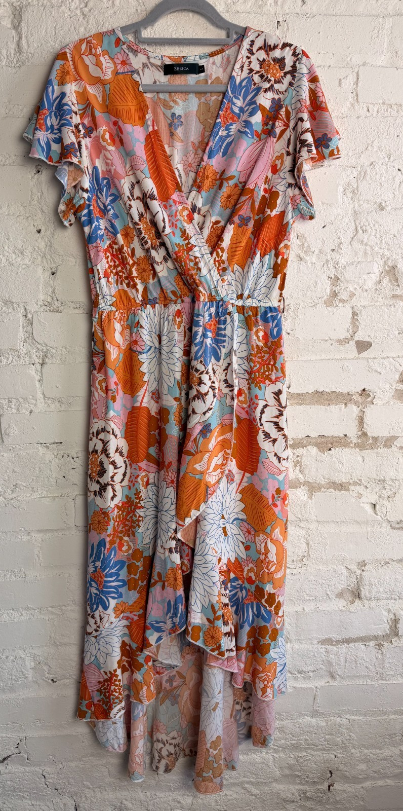 ZESICA Floral Faux Wrap Midi Dress Boho Ruffle Hem Short Sleeve Summer L Party