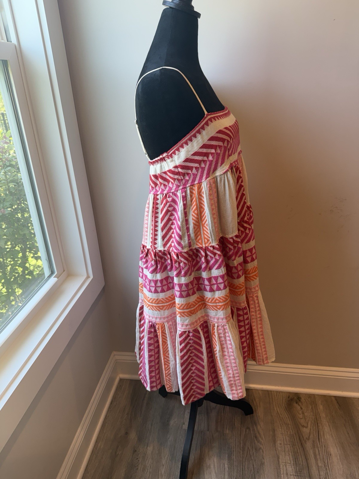 Devotion Twins Square Neck Strap Dress Small Pink Orange Tier Sundress Anthro