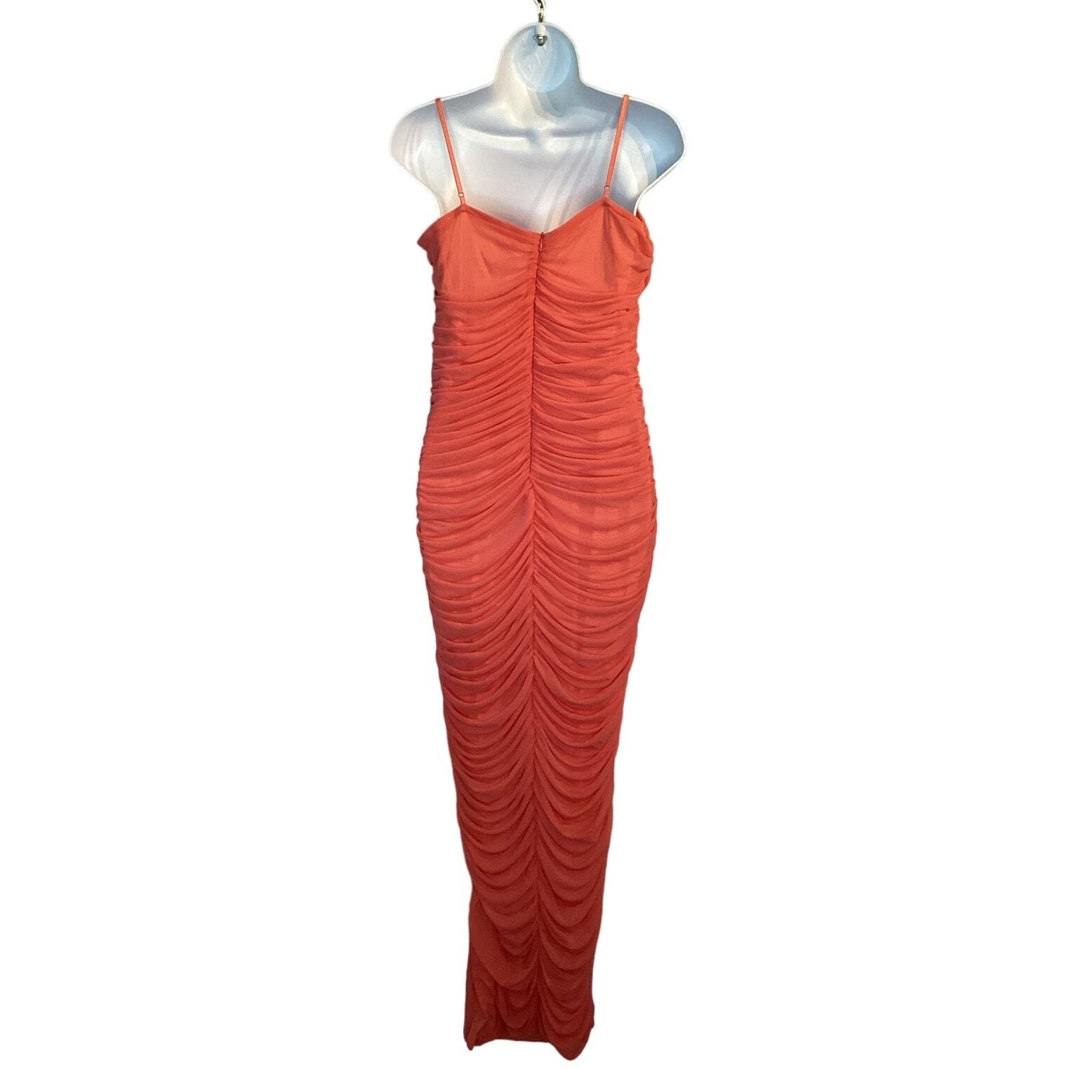 Venus Ruched Mesh Fitted Bodycon Maxi Dress Coral L
