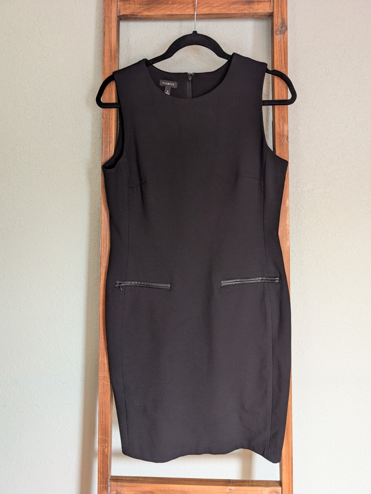 Talbots Women’s Shift Dress Black Sleeveless Faux Leather Trim Size 8